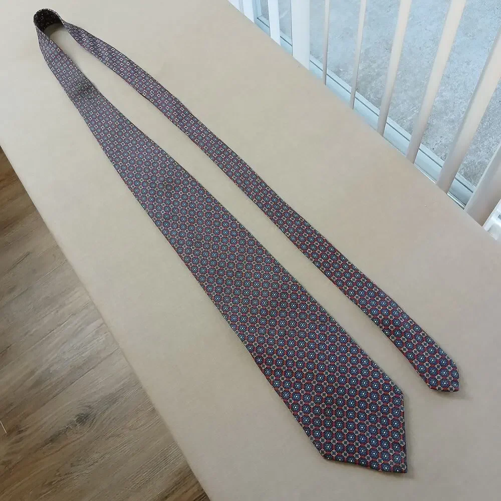 Vintage Christian Dior Monsieur Geometric Medallion Mens Necktie Red Blue